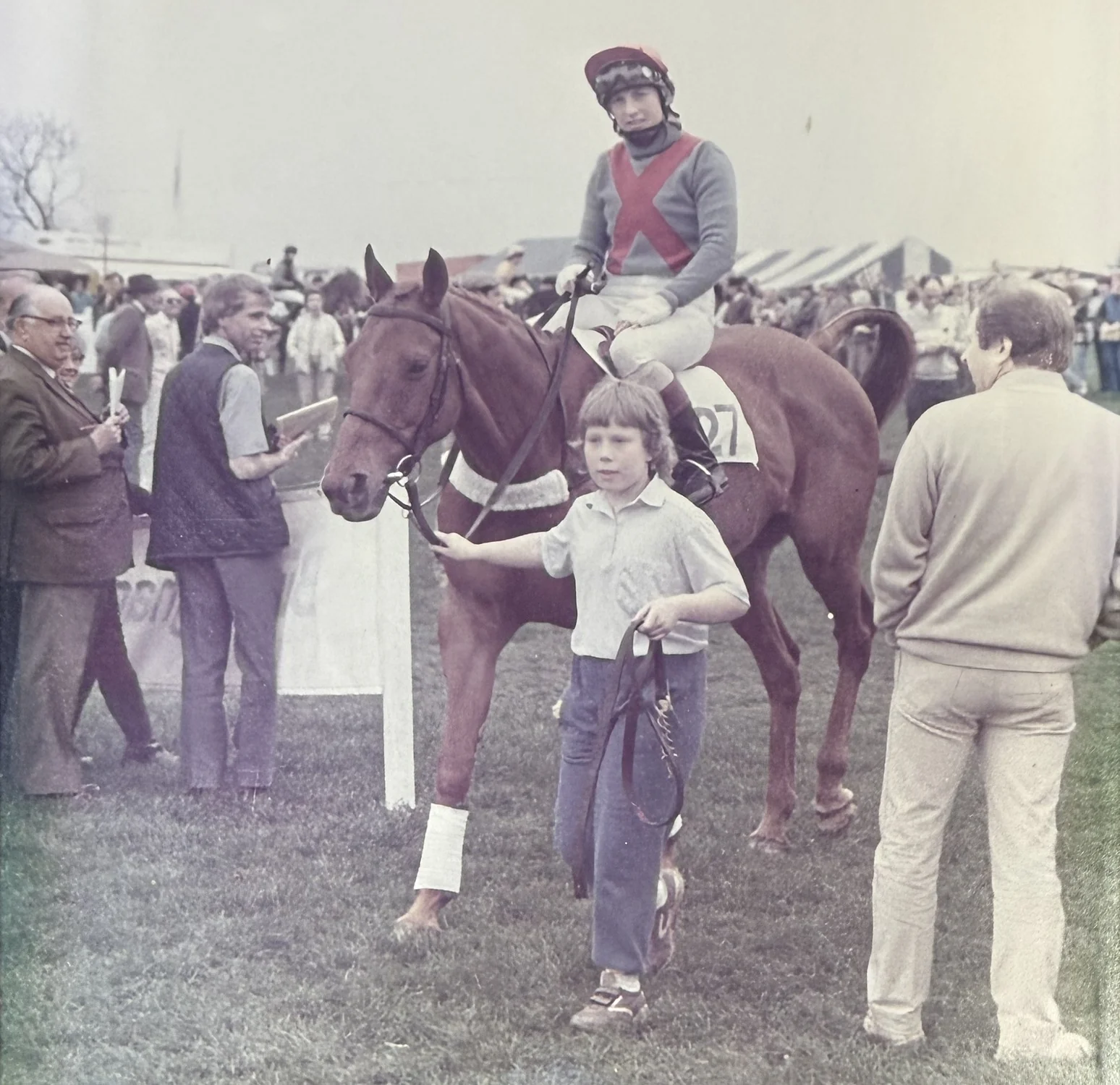Kerry leading up a winning horse ridden by her mother, Carol